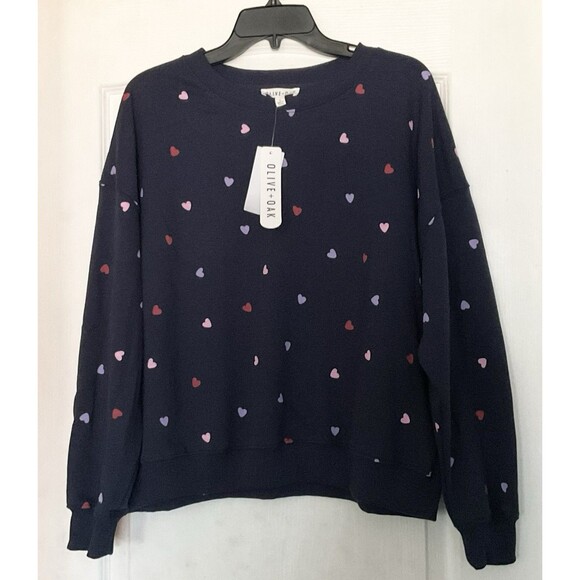 Olive + Oak Tops - OLIVE + OAK Women's Multi Heart Crew Sweatshirt Size L, Navy NWT